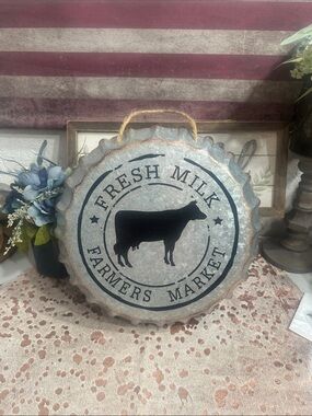Hobby Lobby Silver Metal "Fresh Milk Farmers Market" Wall Sign with Black Cow